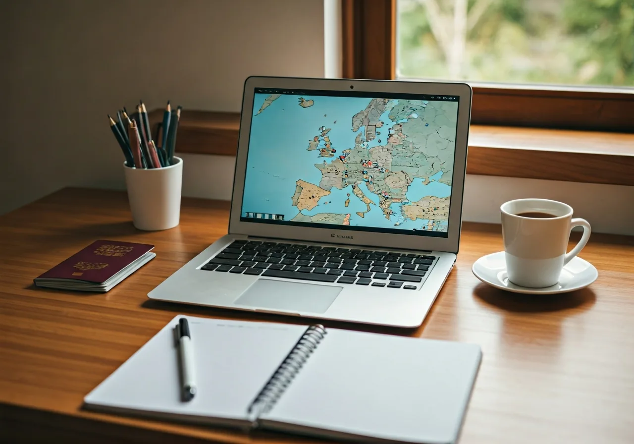 Studentský stůl s notebookem, pasem a kávou připravený na plánování studia v zahraničí