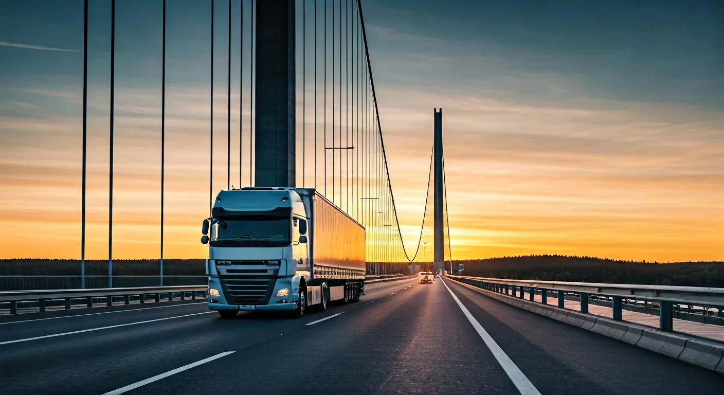 Moderní nákladní automobil projíždějící přes švédský most s elektronickým mýtným.