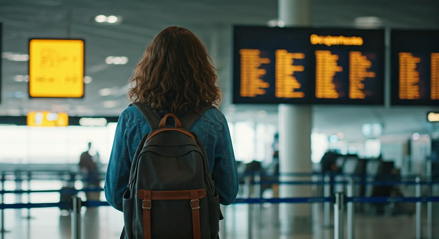Studentka na letišti připravující se na gap year a přerušení studia na střední škole.