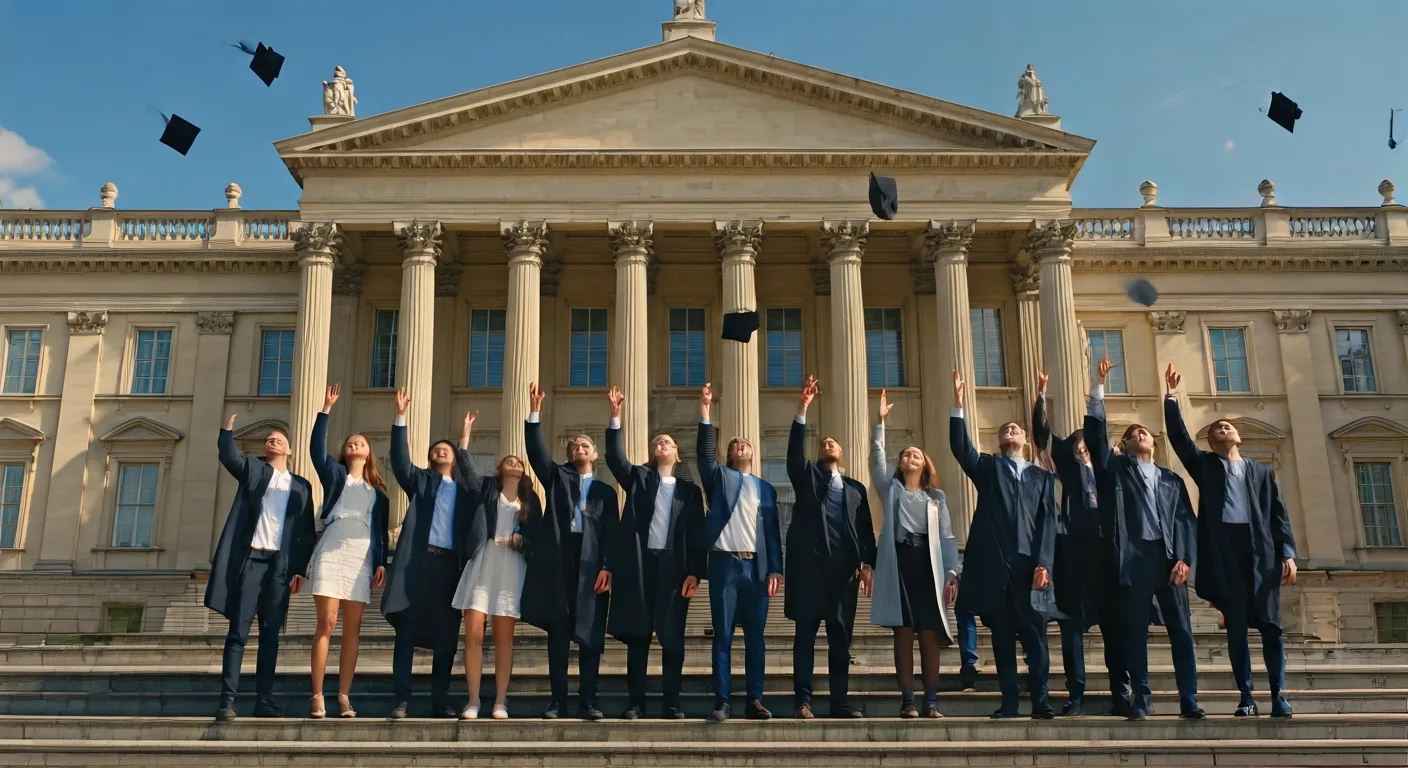 Skupina mezinárodních studentů slavící úspěšné studium v zahraničí zdarma