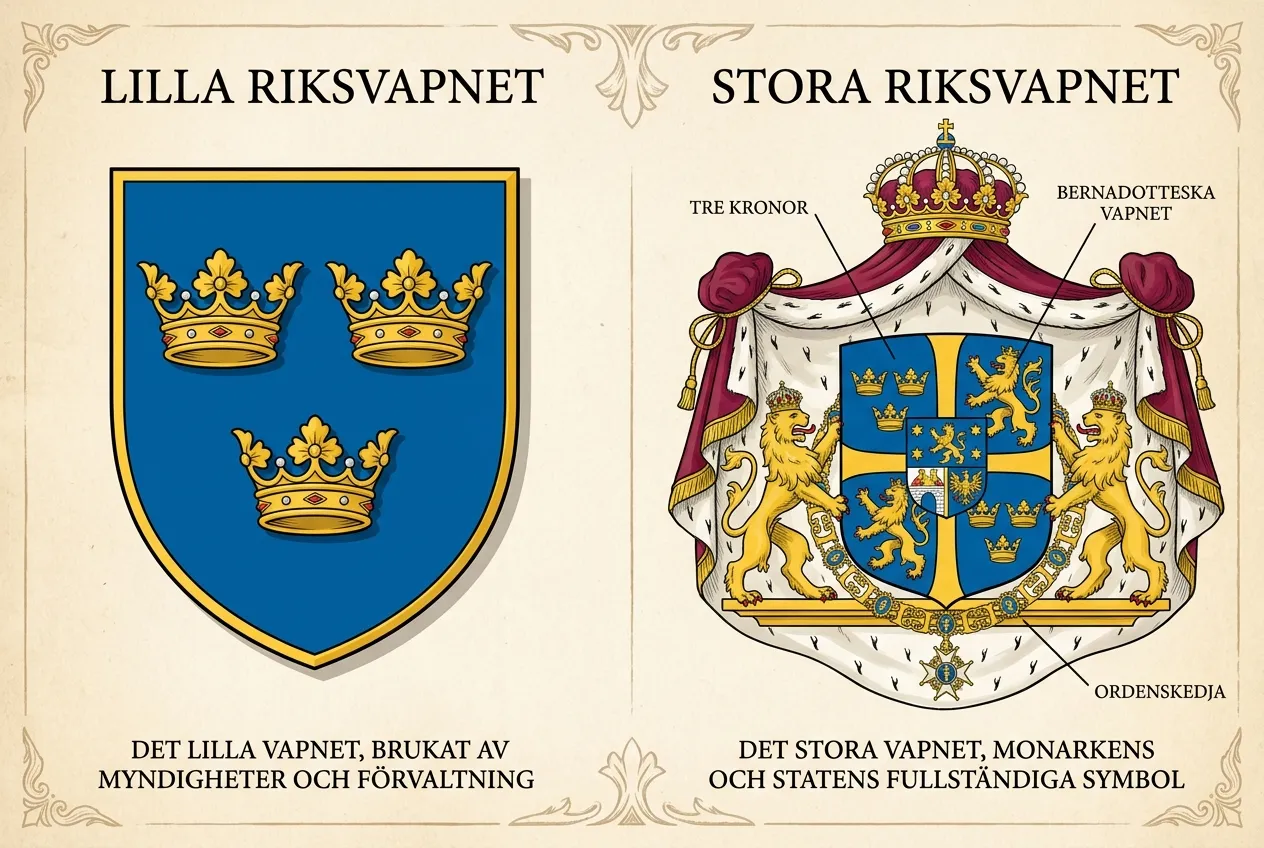Švédský znak: Tajemství 3 korunek a šokující historie státního symbolu 2 Infografika jednoduše vysvětlující rozdíly mezi malým a velkým švédským státním znakem