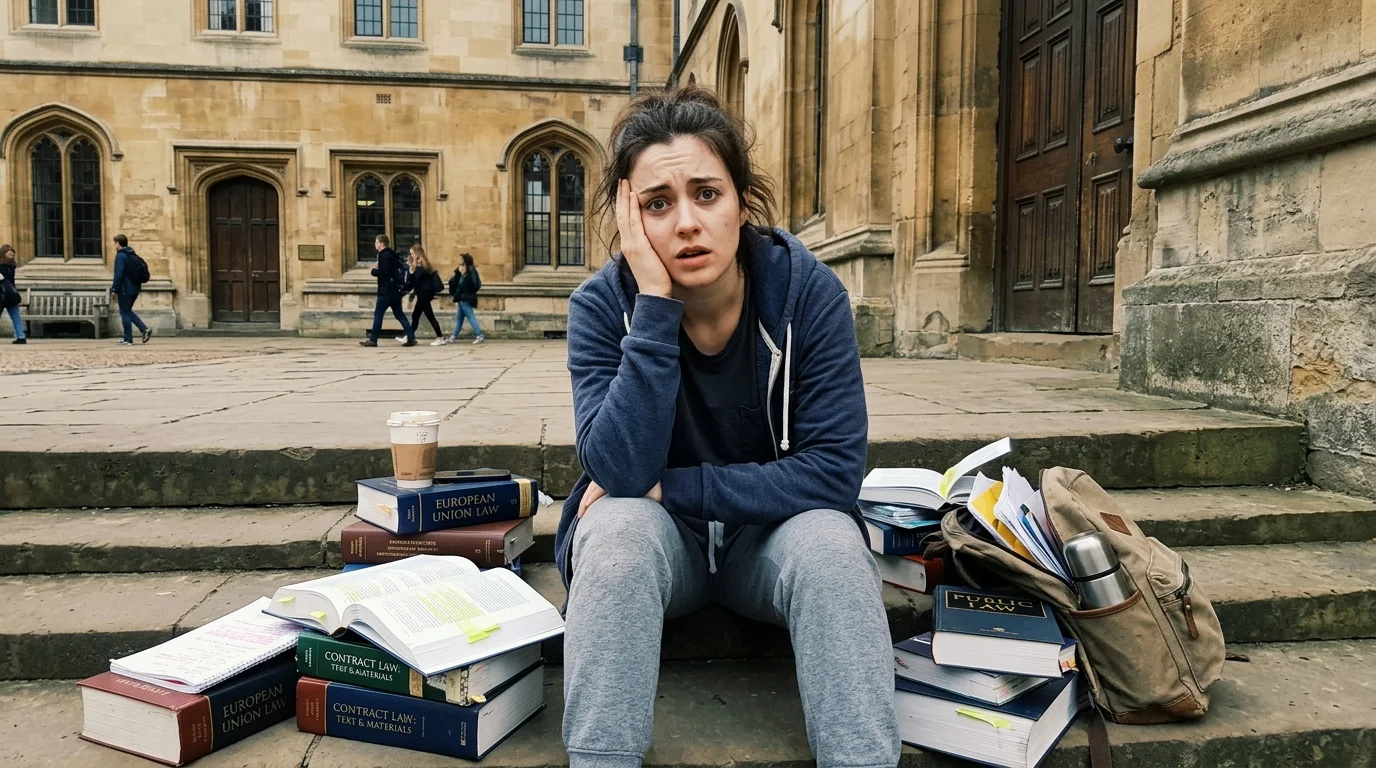 Studenti právnické fakulty s knihami u historické budovy univerzity