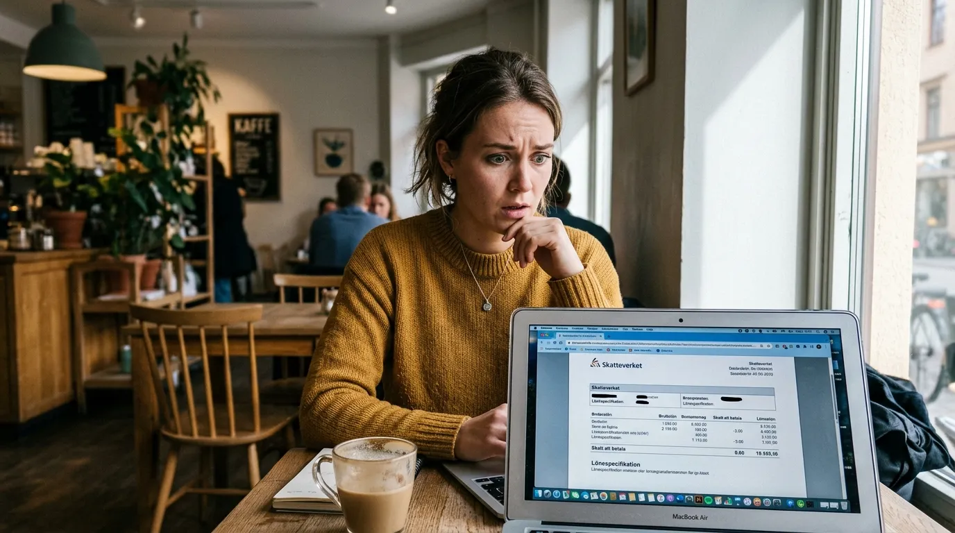 Zahraniční pracovník s notebookem ve Stockholmu zjišťující průměrný plat ve Švédsku