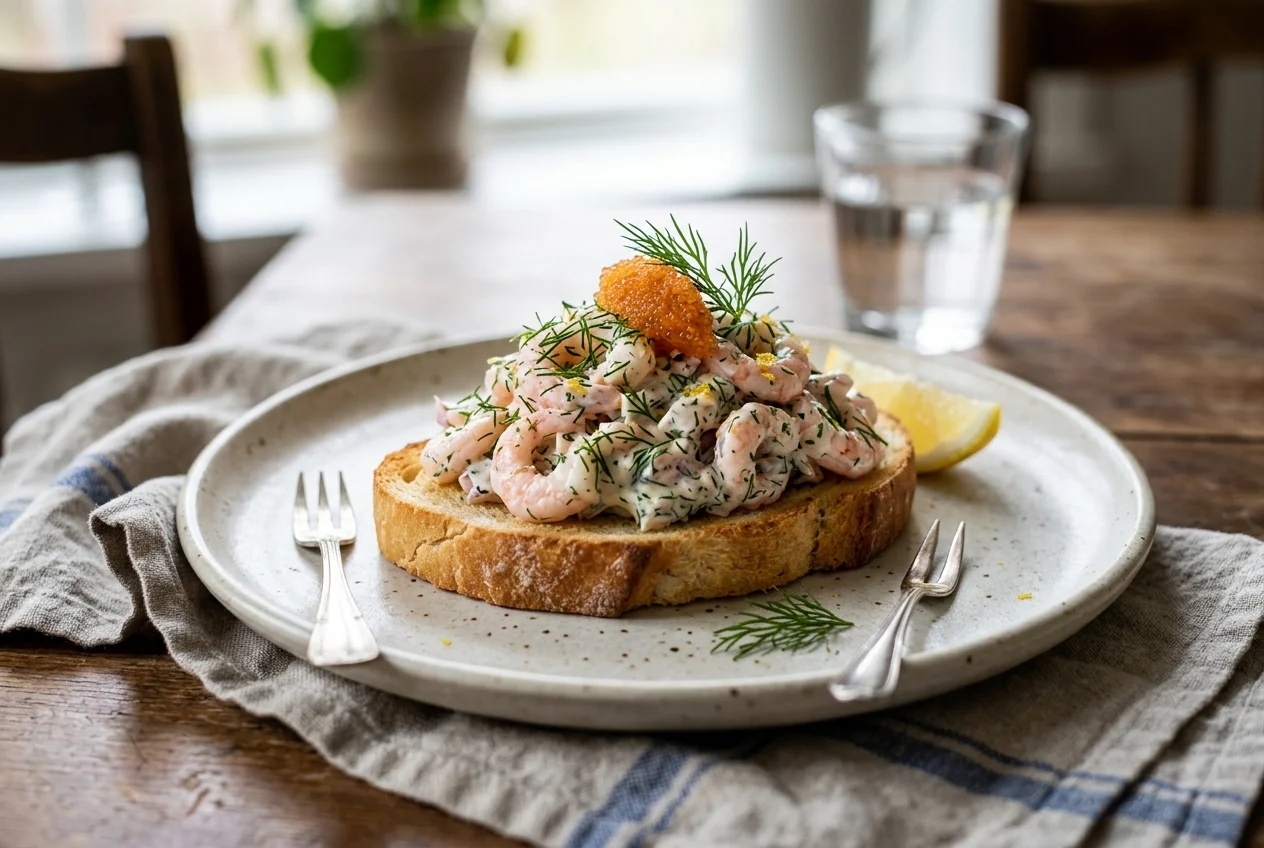 Tradiční švédská pomazánka Skagenröra s krevetami a koprem na toastu