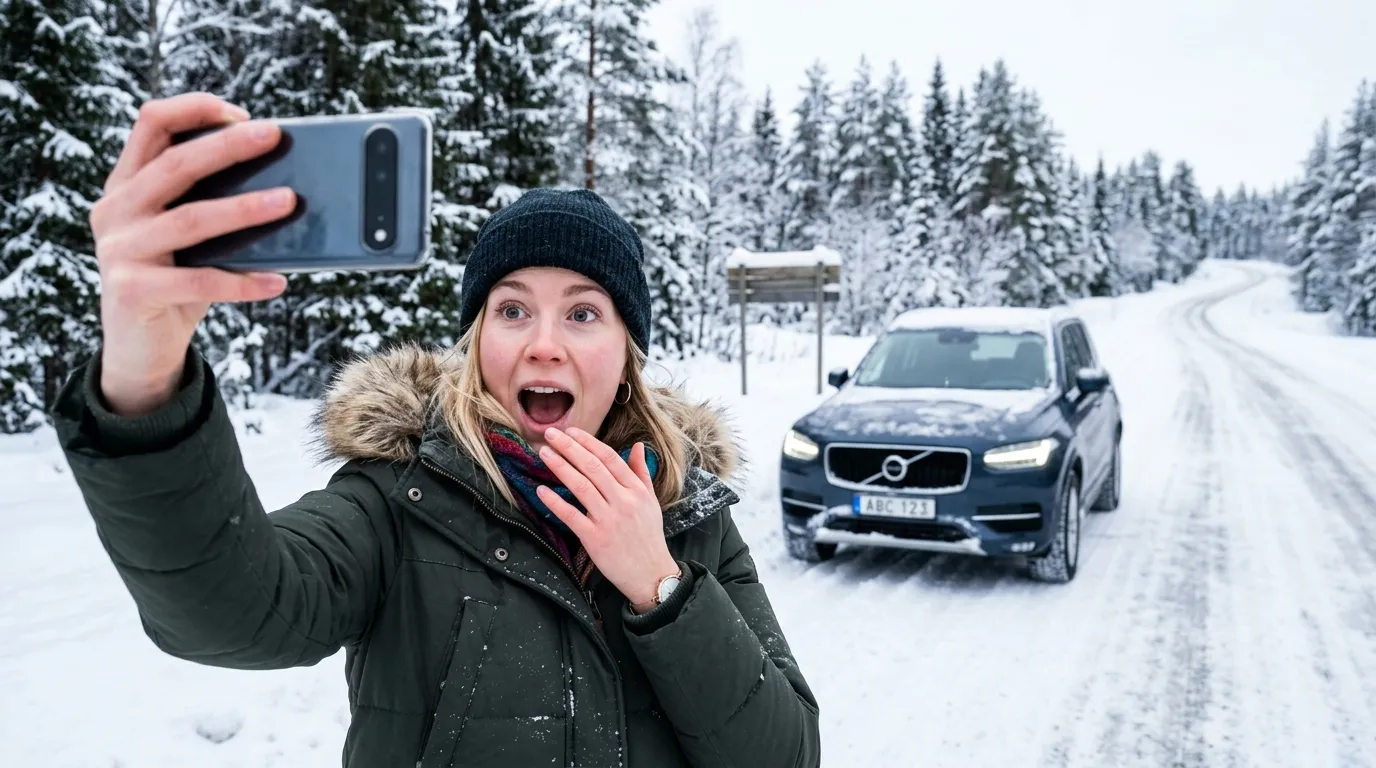Futuristické Volvo EX60 na zasněžené švédské silnici