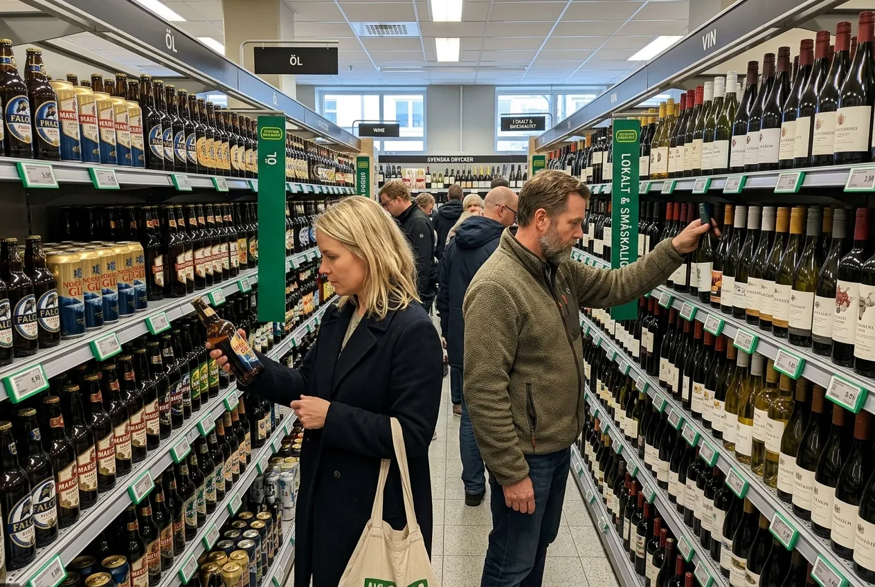 Švédsko alkohol 2026: Kolik stojí opice a jak přežít Systembolaget 2 Zákazníci vybírají pivo a víno ve švédském státním monopolu