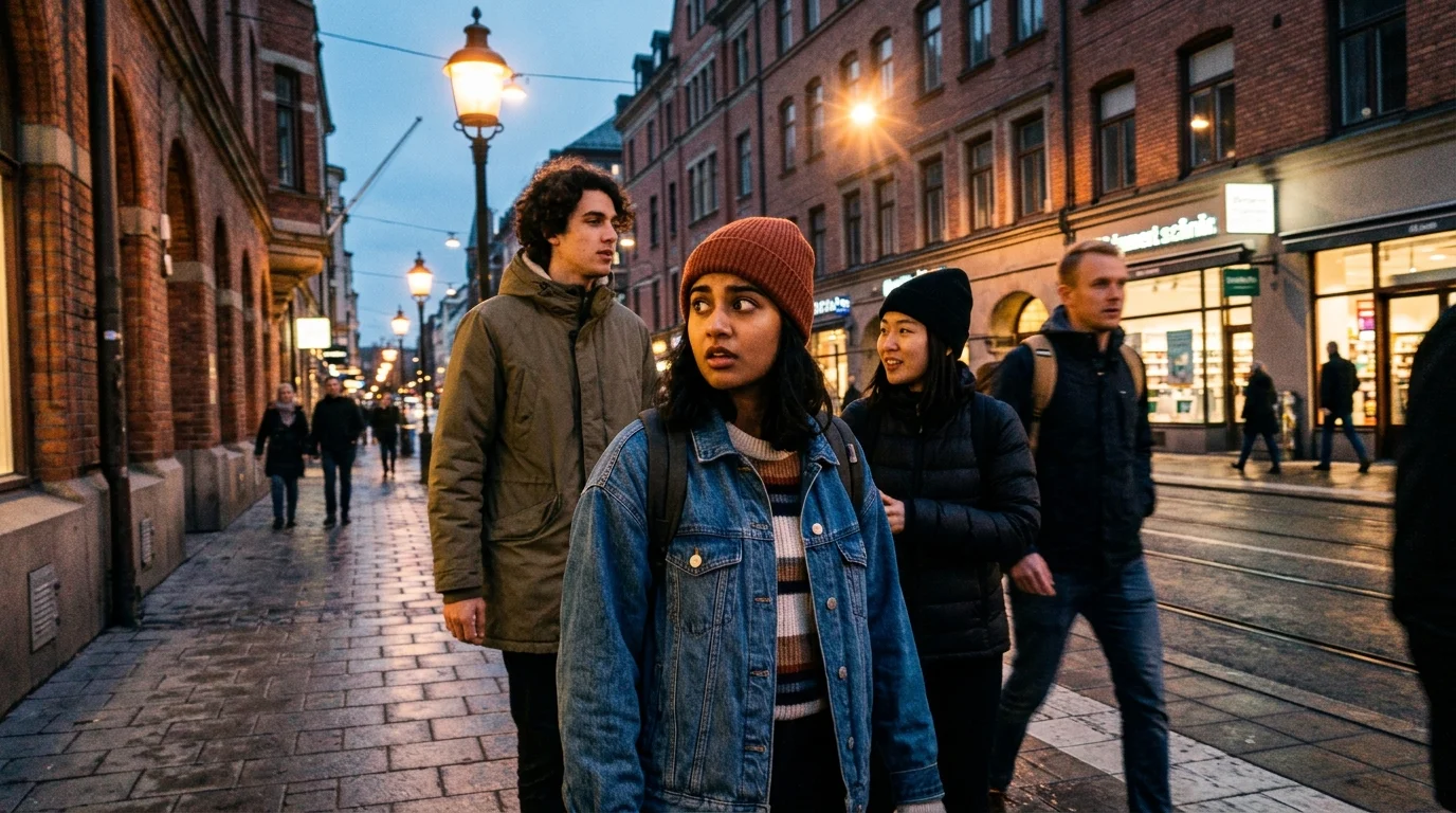 Jak bezpečné je Švédsko v roce 2026? Pravda o gangách a tipy pro studenty 1 Skupina studentů procházející se v bezpečí švédským městem