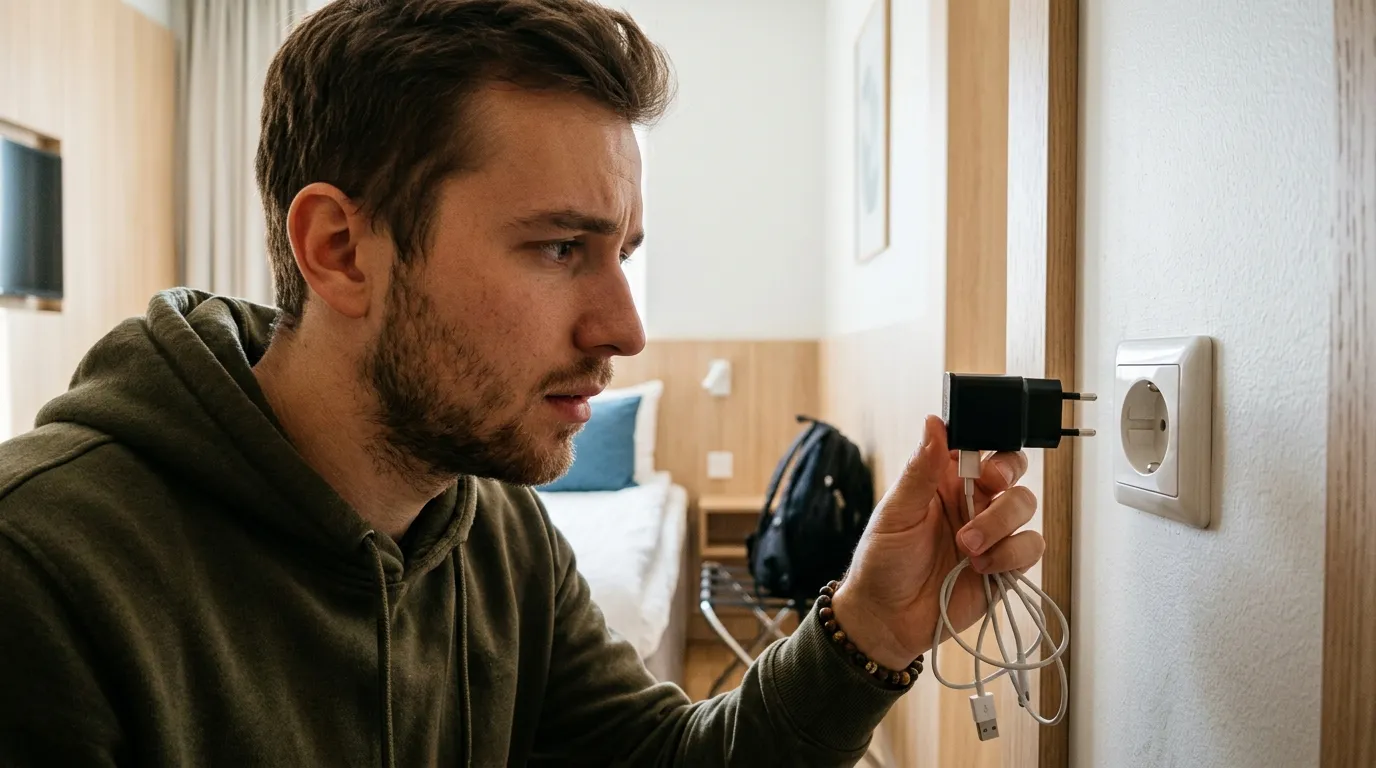 Cestovatel si balí elektroniku a nabíječky před cestou do Švédska