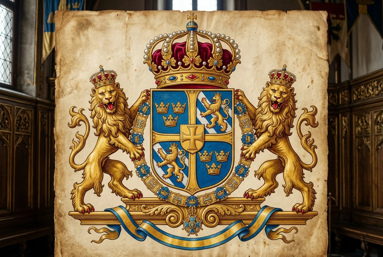 Velký státní znak Švédska s lvy a historickými rodovými erby